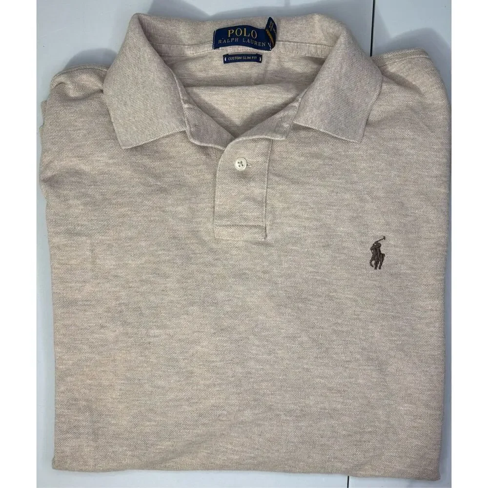 Polo Ralph Lauren Men Shirt XL Beige Long Sleeve Cotton Polo